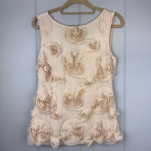 Yoana Baraschi Ivory Tank Top Blouse Textured Rolled Rosette Floral Appliqué XS